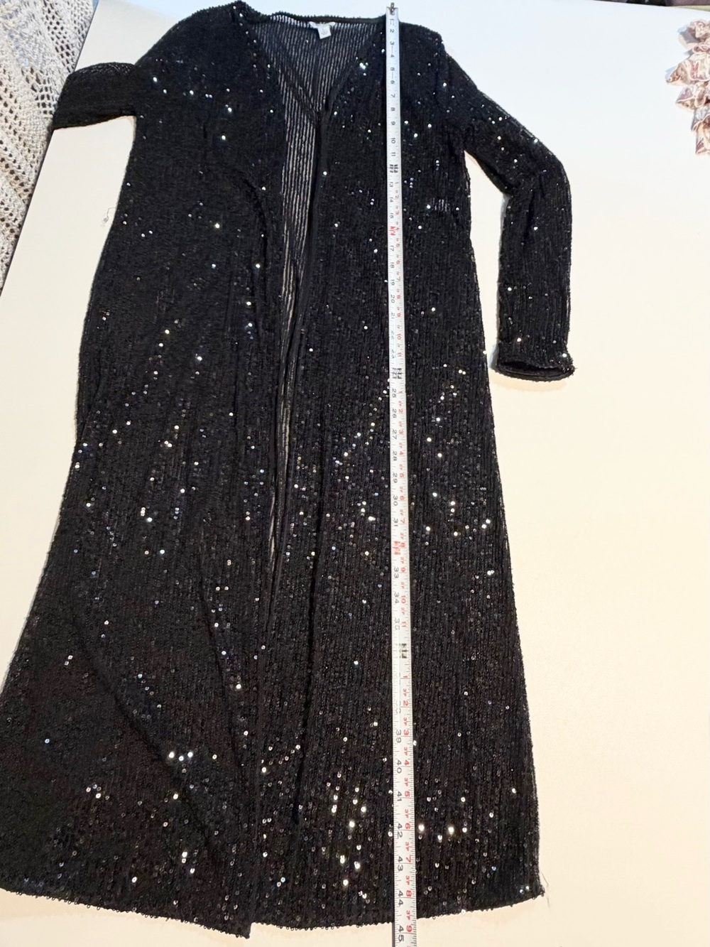 Black sequin sparkle party suit pants duster cardigan jacket set glam bling - Picture 13 of 13
